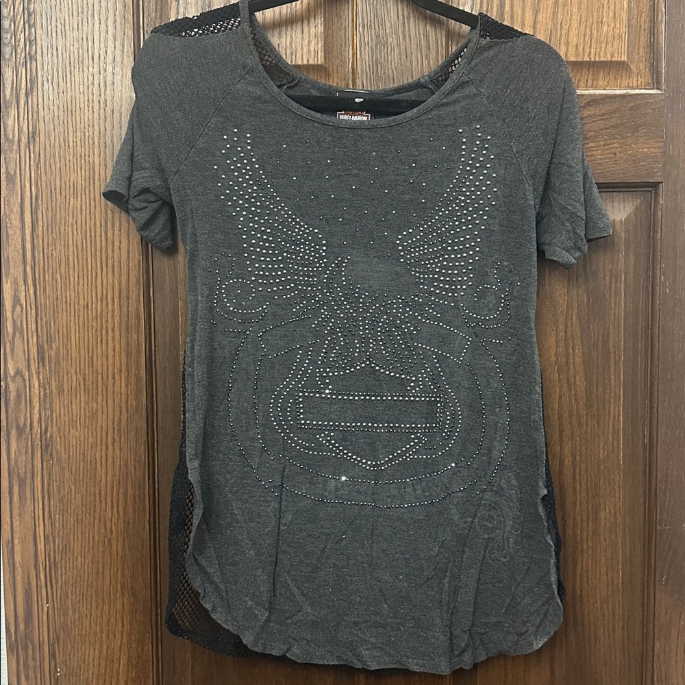 Gray Studded Graphic T-Shirt Harley Davidson